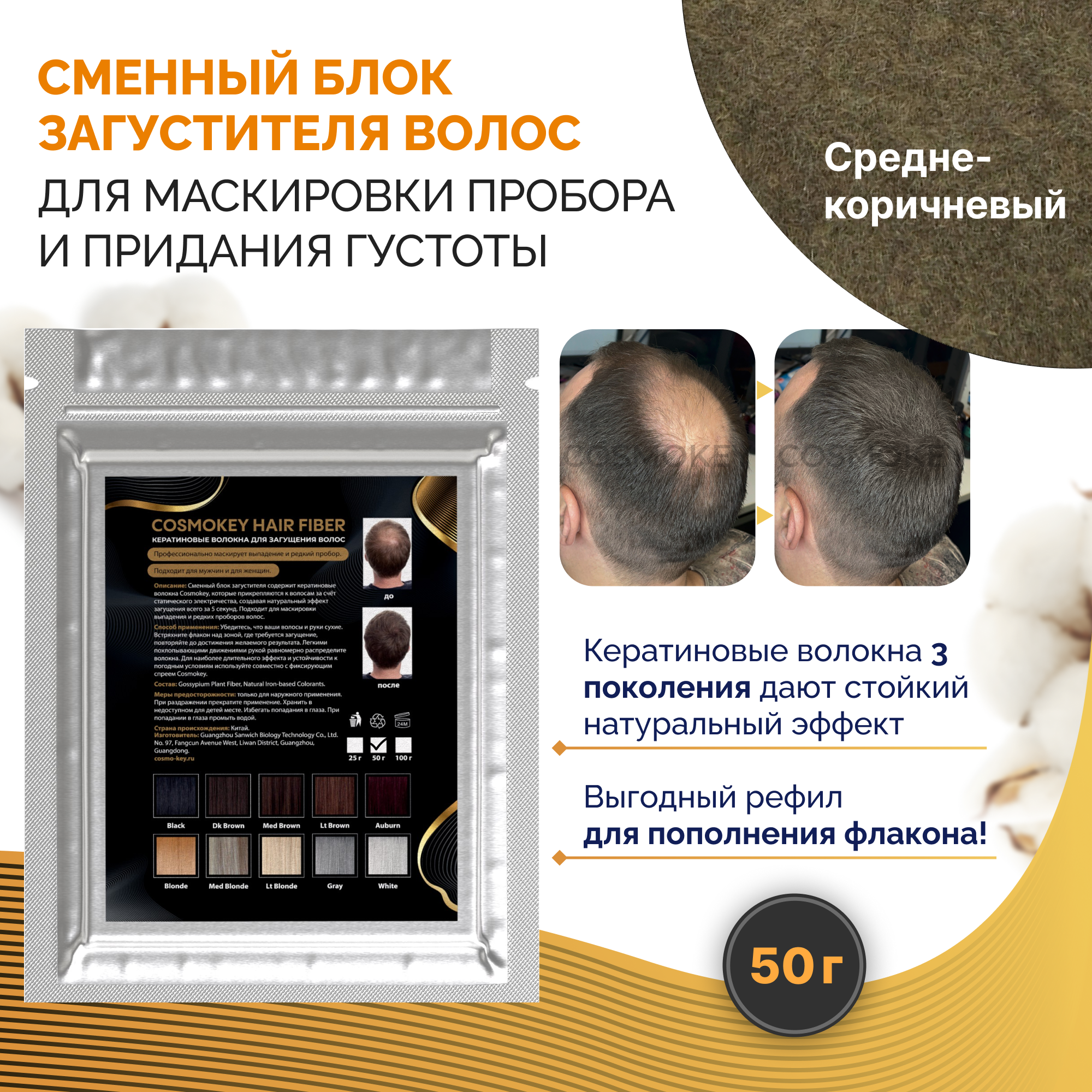 Сменный блок загустителя для волос Cosmokey средне-коричневый med brown 50 г