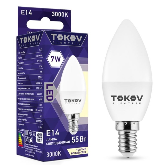 

Лампа светодиодная TOKOV ELECTRIC, 7 Вт, С37, 3000 К, Е14, 176-264В