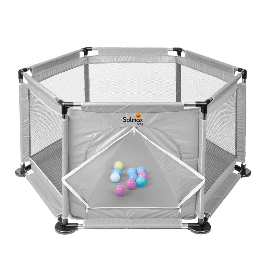 Манеж детский игровой Solmax с пластиковыми мячиками 10 шт, серый