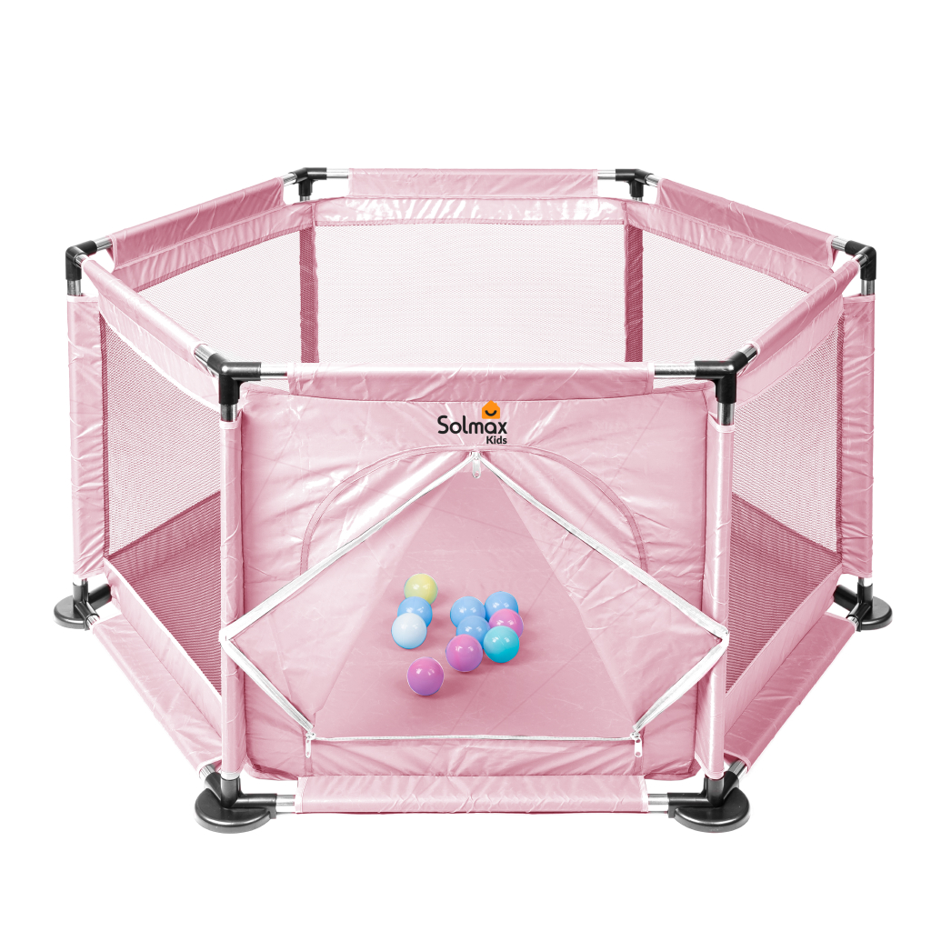 Манеж детский игровой Solmax с пластиковыми мячиками 10 шт, розовый