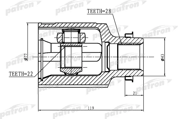 ШРУС внутренний правый 28x43x22 MAZDA 323 BA 94-98, XEDOS-6 CA 92- PATRON PCV1364