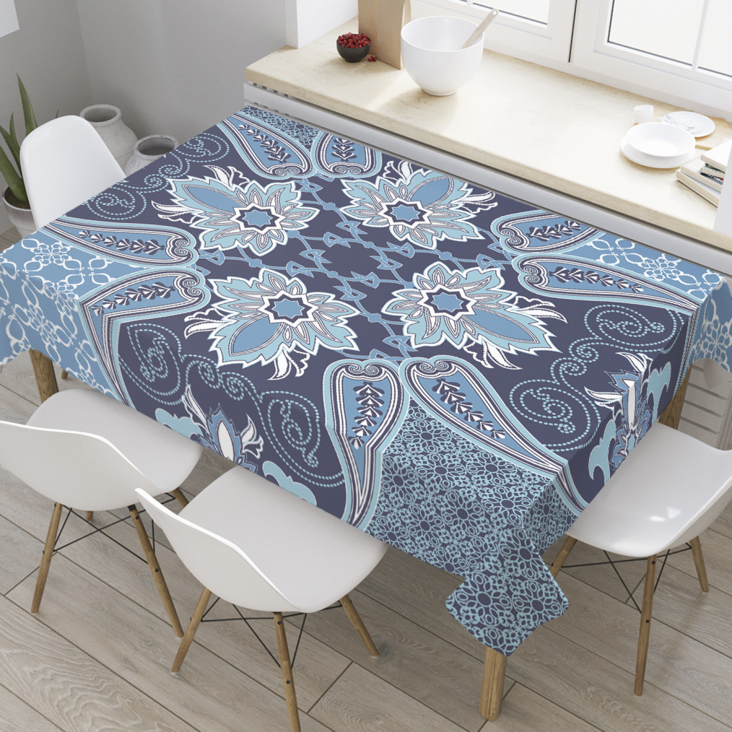 

Скатерть прямоугольная JoyArty "Марокканские узоры" из оксфорда, 120x145 см, Голубой, Марокканские узоры