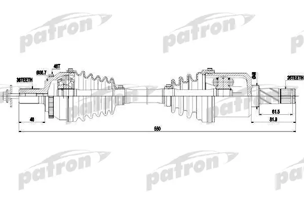 Полуось левый 36X550X26 ABS: 48T VOLVO: S80 I 2,4 2,4D 2,4T 99-06 PATRON PDS0438