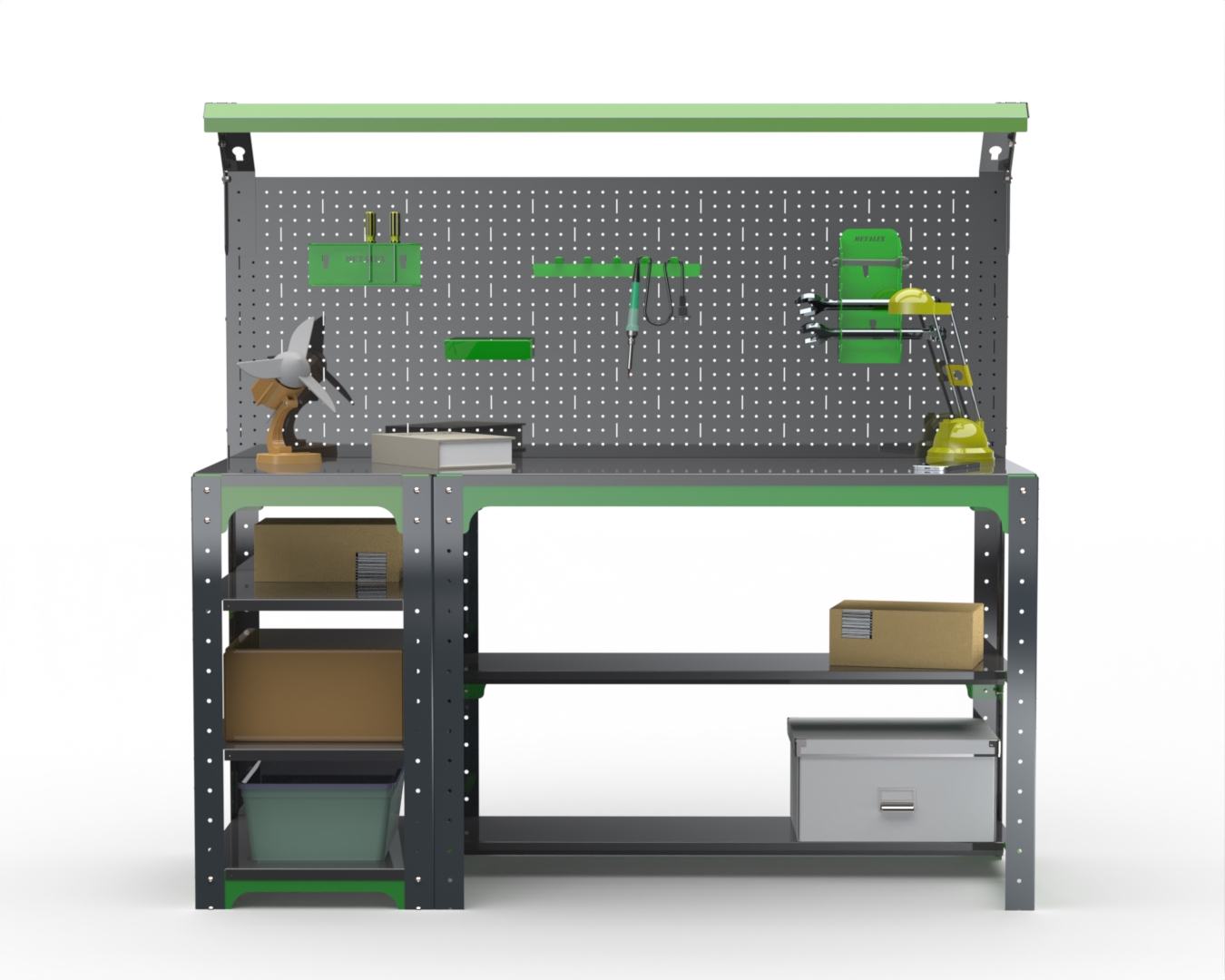 

Стол металлический Metalex серия KIT 750х1600х500 с боковыми полками, серо-зеленый