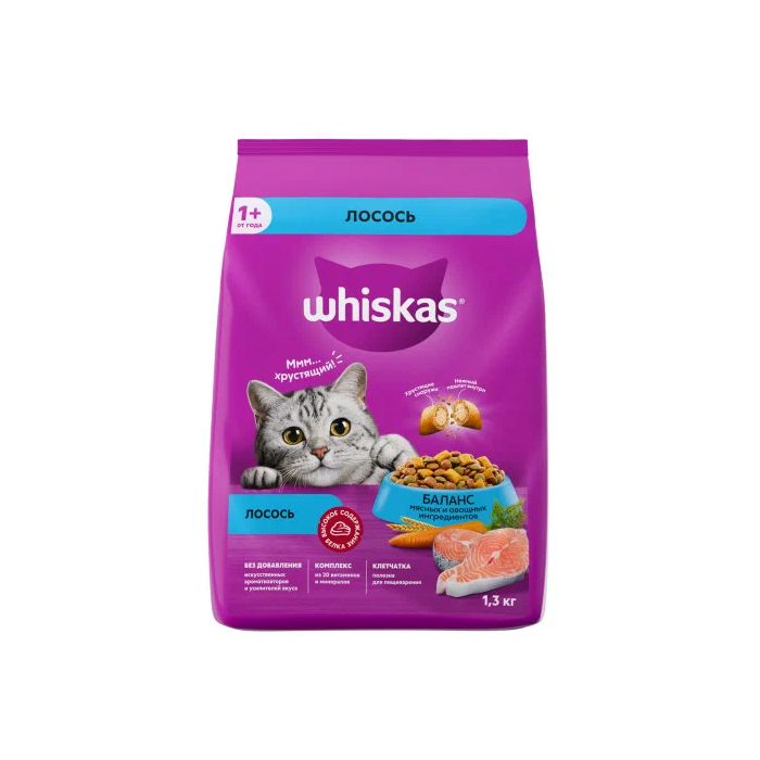 

Корм сухой Whiskas для кошек, подушечки с нежным паштетом, обед с лососем, 1,3 кг