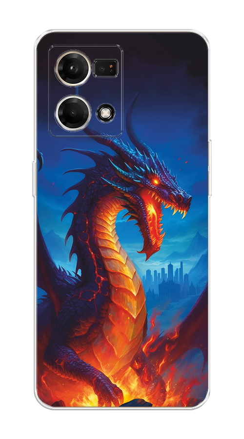 

Чехол на Oppo Reno 7 4G/8 4G "Дракон над лавой", Оранжевый;коричневый;синий, 2511450-1