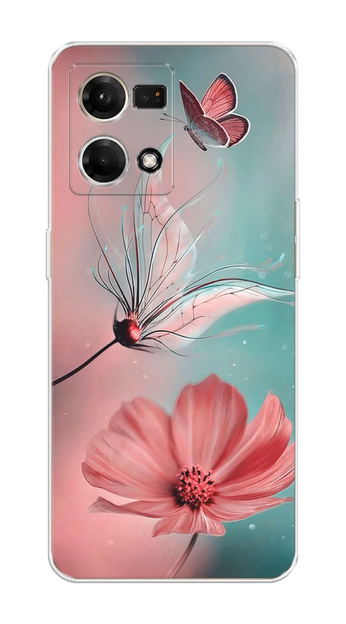 

Чехол на Oppo Reno 7 4G/8 4G "Бабочка и цветок", Голубой;розовый, 2511450-1