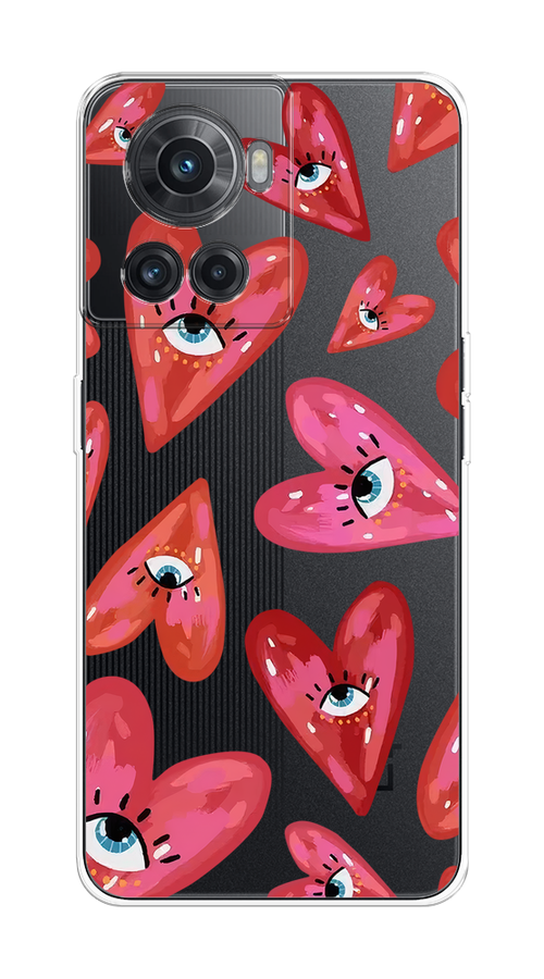 

Чехол на OnePlus 10R/Ace "Сердечки с глазами", Коричневый;красный;розовый, 153050-1