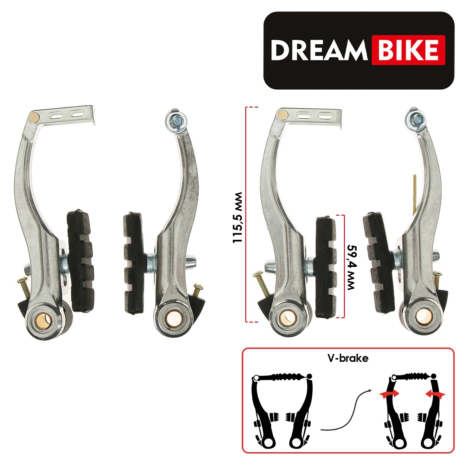 

Комплект Dream Bike, V-brake, 5284298, тормозов, Серебристый