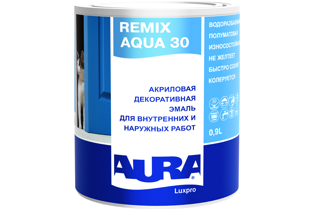 фото Эмаль акриловая aura luxpro remix aqua 30 база tr 0,9 л полупрозрачная полуматовая