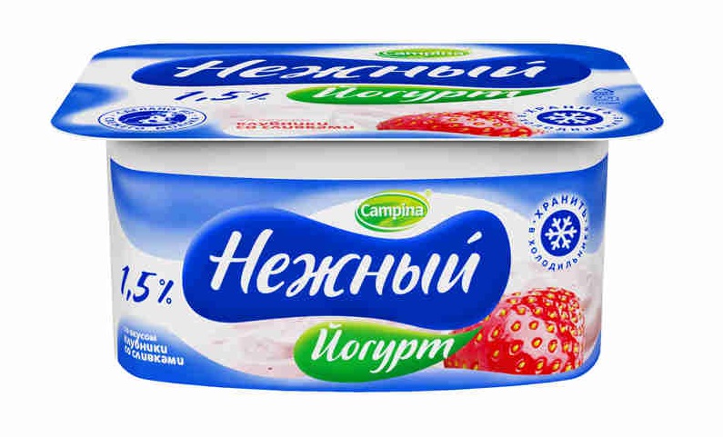 

Йогурт Campina нежный Клубника со сливками 1,5% БЗМЖ 100 г