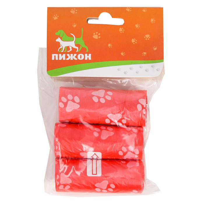 Пакеты для уборки за собаками Пижон с узором (3 рулона по 15 пакетов 29х21 см), красные