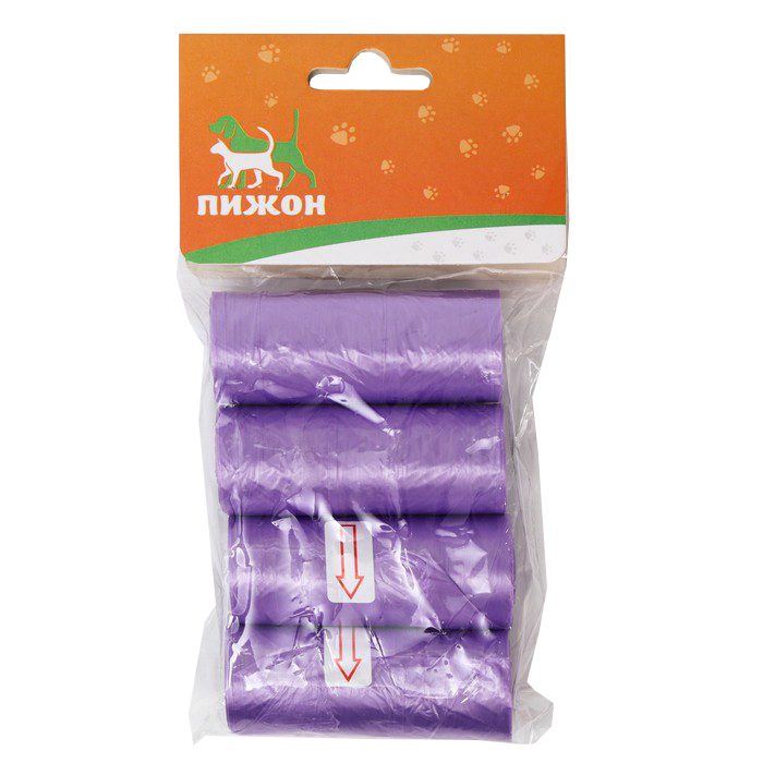 Пакеты для уборки за собаками Пижон (4 рулона по 15 пакетов 29х21 см), фиолетовые