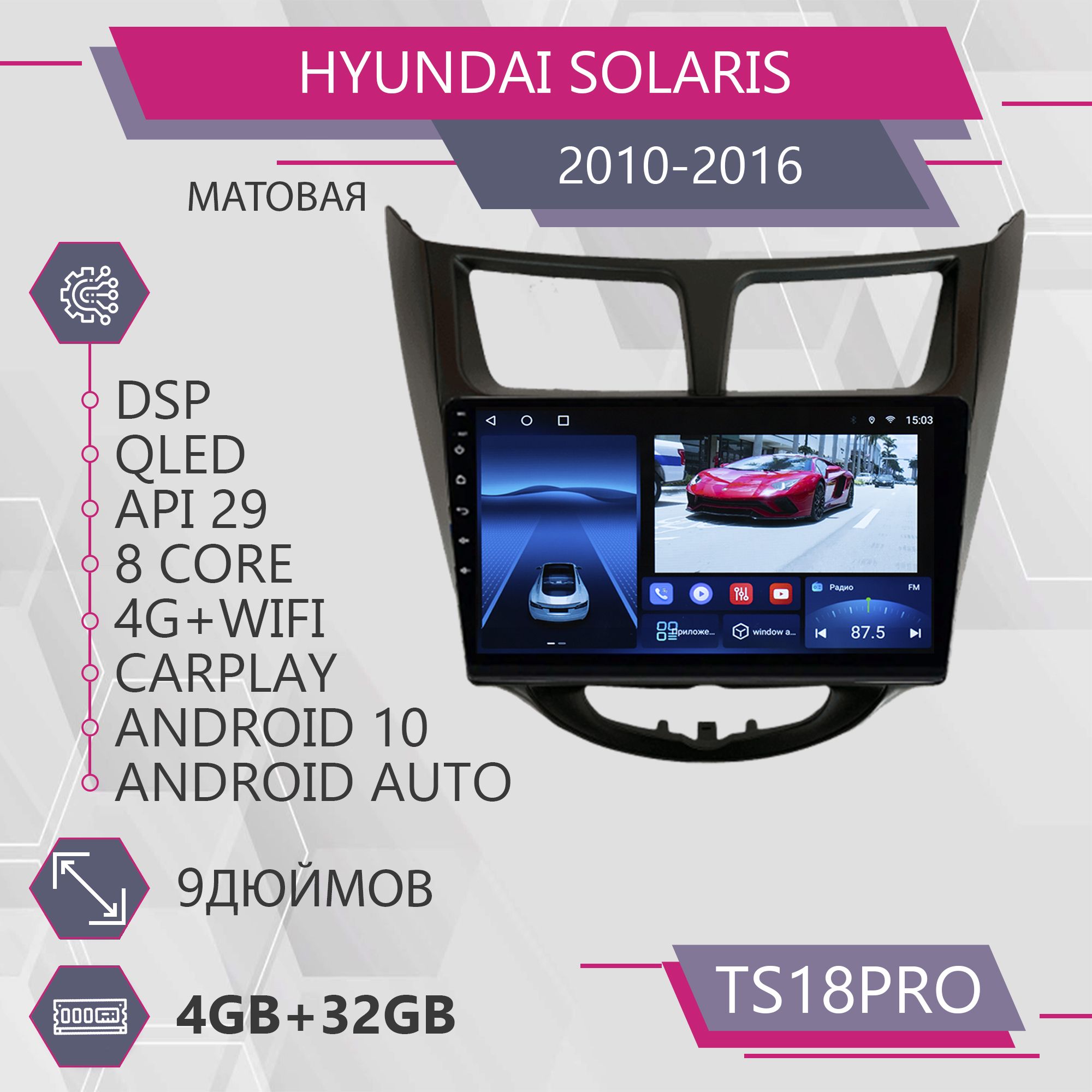 Магнитола Точка Звука TS18Pro для Hyundai Solaris/ Хендай Солярис 4+32GB 2din