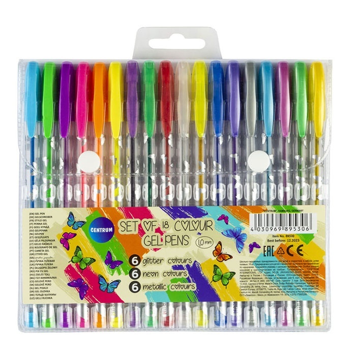 Ручка гелевая Centrum 18 цветов, Metallic &Glitter &Neon 1,0 мм, в ПВХ упаковке