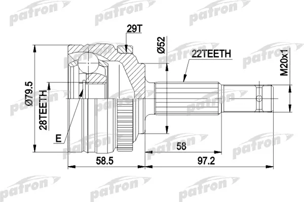 

ШРУС наружн к-кт 22x52x28 ABS:29T OPEL: CORSA B 1.2/1.4/1.7D 93-00 PATRON PCV1116