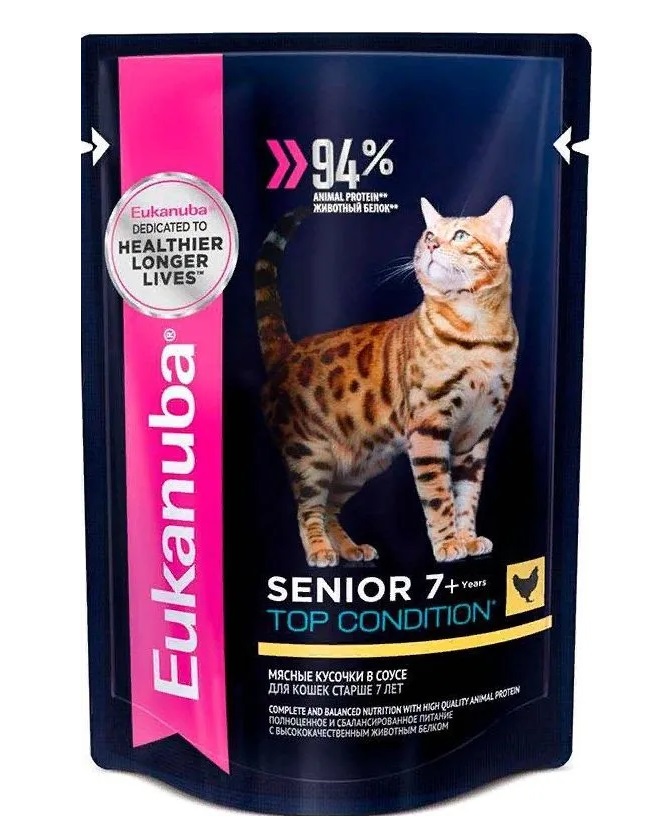 Влажный корм для кошек Eukanuba Senior Top Condition, с курицей в соусе, 85г