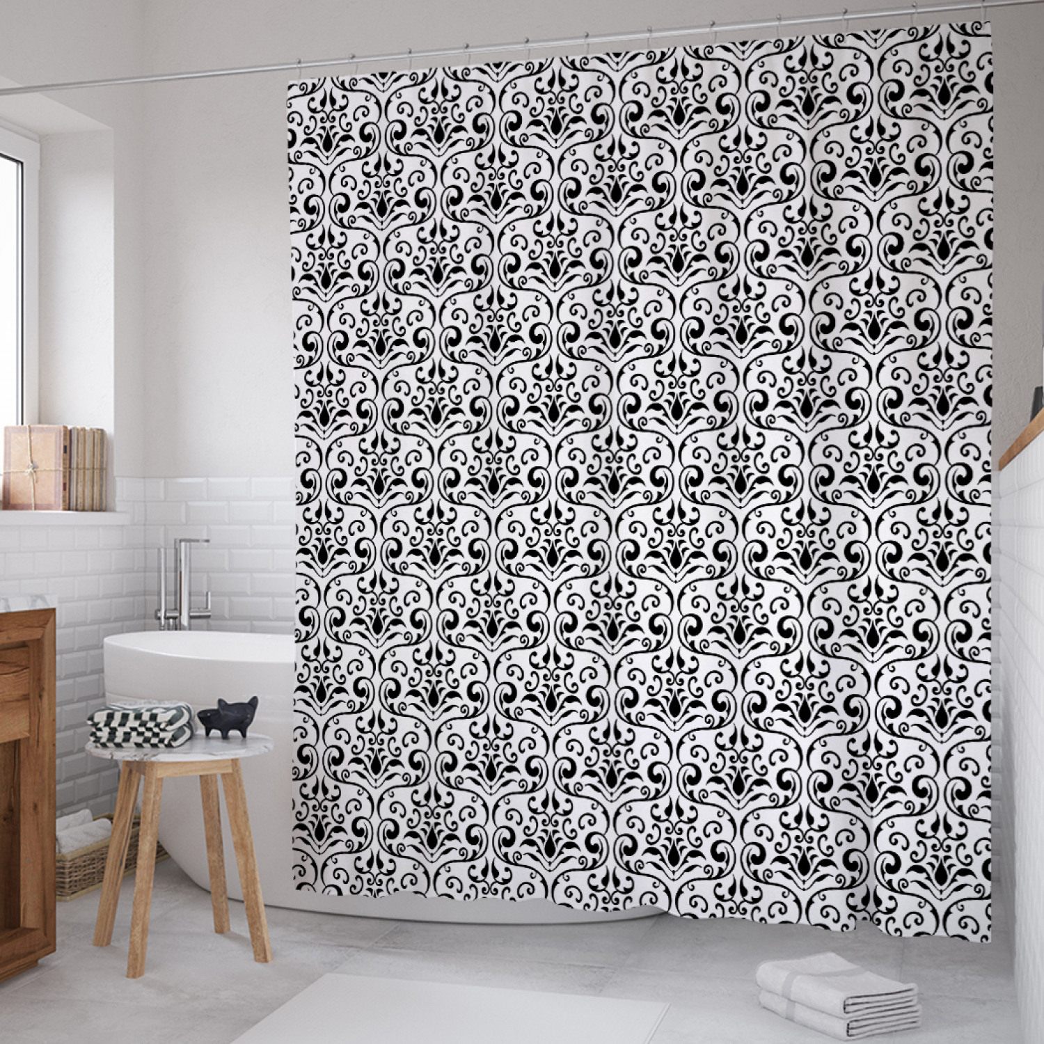 

Штора для ванной JoyArty "Вьющееся барокко" из сатена, 180х200 см с крючками, Серый, Вьющееся барокко