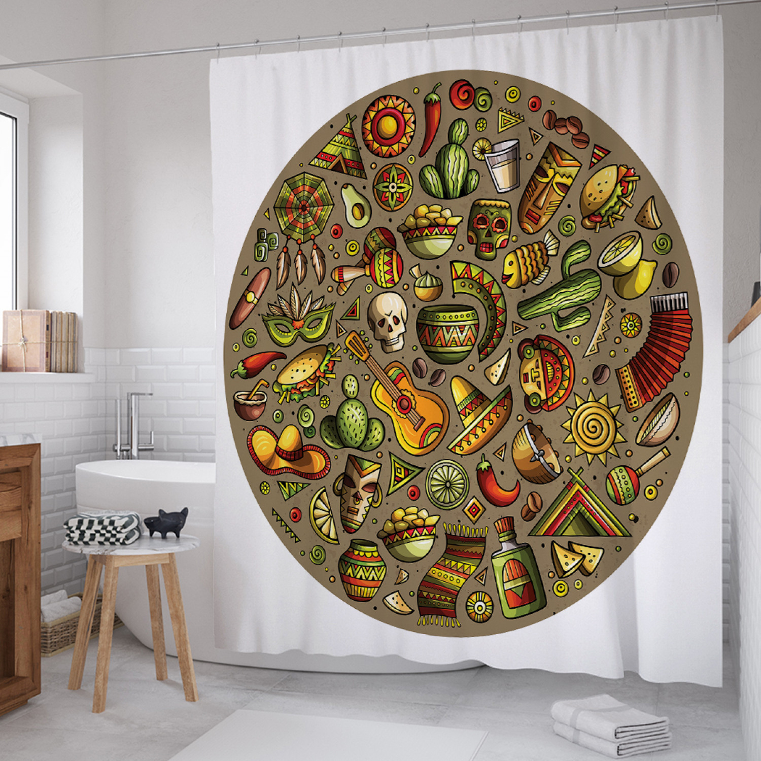 

Штора для ванной JoyArty "Мексиканские мотивы" из сатена, 180х200 см с крючками, Белый, Мексиканские мотивы