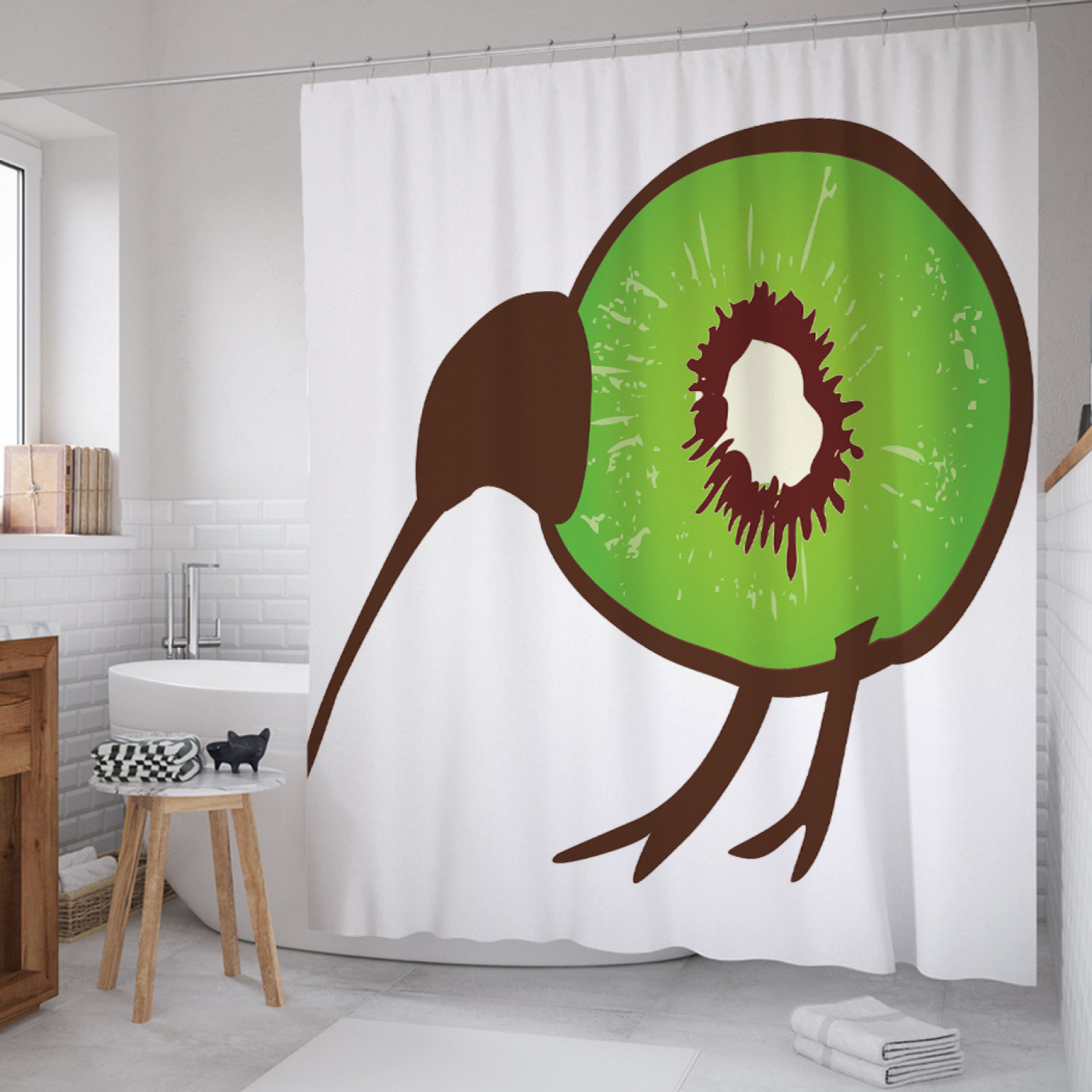 

Штора для ванной JoyArty "Маленькая птица киви" из сатена, 180х200 см с крючками, Белый, Маленькая птица киви