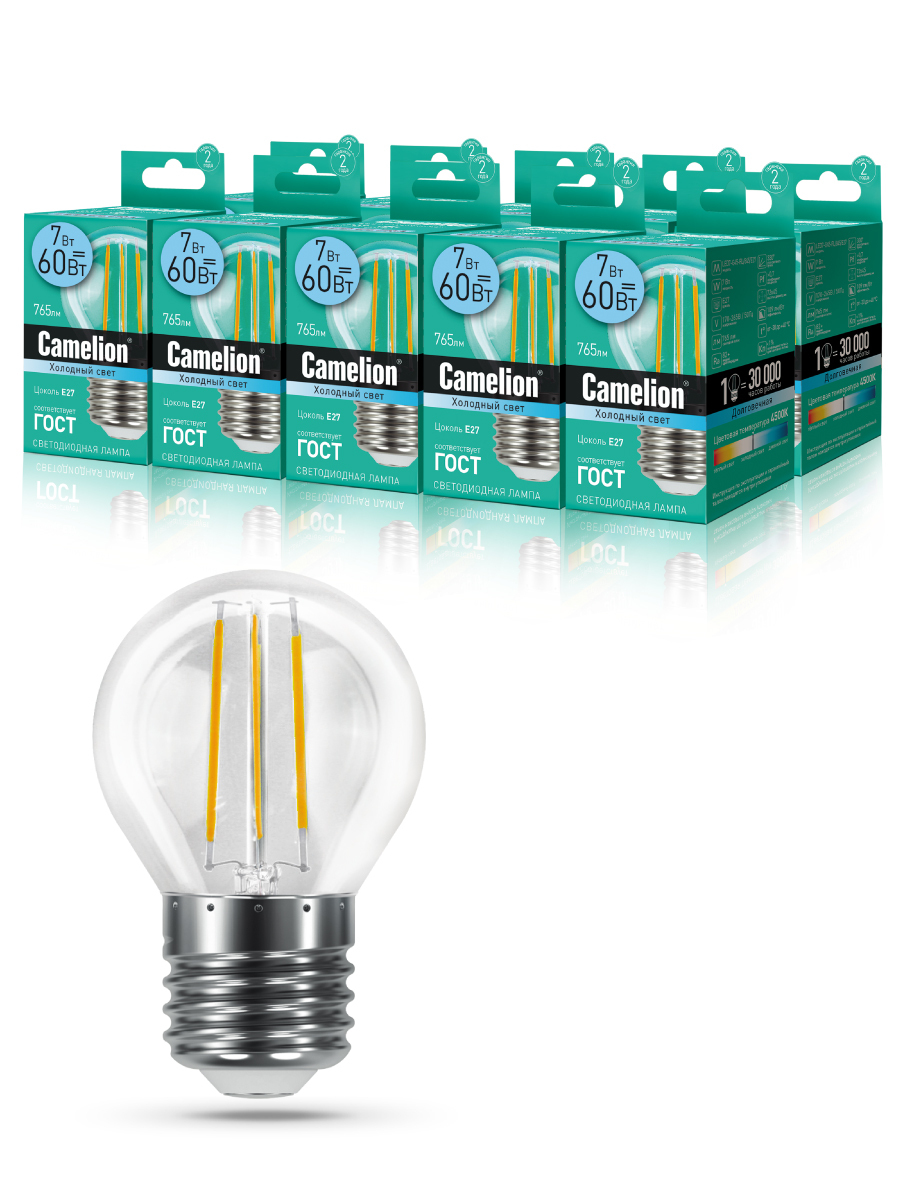 

Набор из 10 светодиодных лампочек Camelion LED 7W 4500K E27 10-13459, FL/G45/10