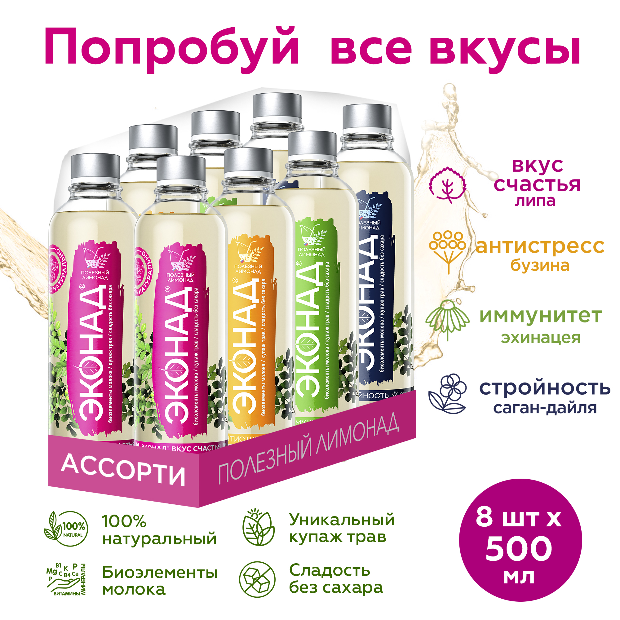 Ассорти полезных лимонадов ЭКОНАД без сахара, 500 мл x 8 шт