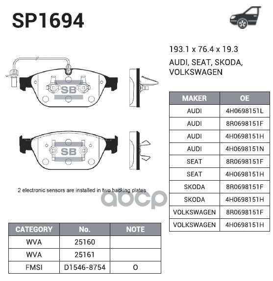 

Колодки Пер.Audi A8 12=> Sangsin brake арт. SP1694