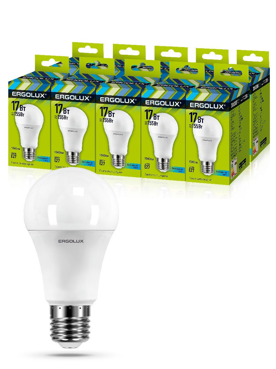 

Набор из 10 светодиодных лампочек Ergolux LED 17W 4500K E27 10-13180 Ergolux, A60/MAX