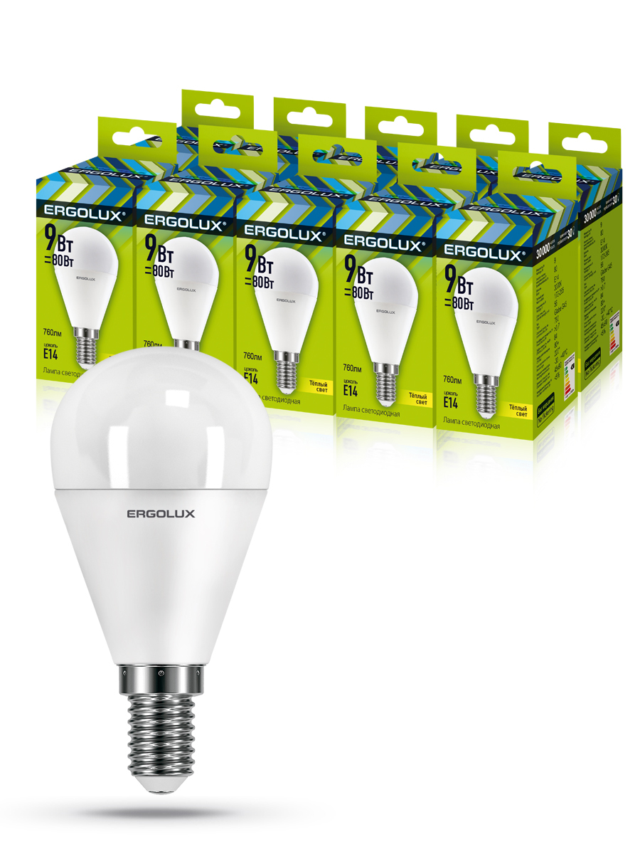 

Набор лампочек Ergolux LED 9W 3000K E14 10-13173, LED/G/9W/10