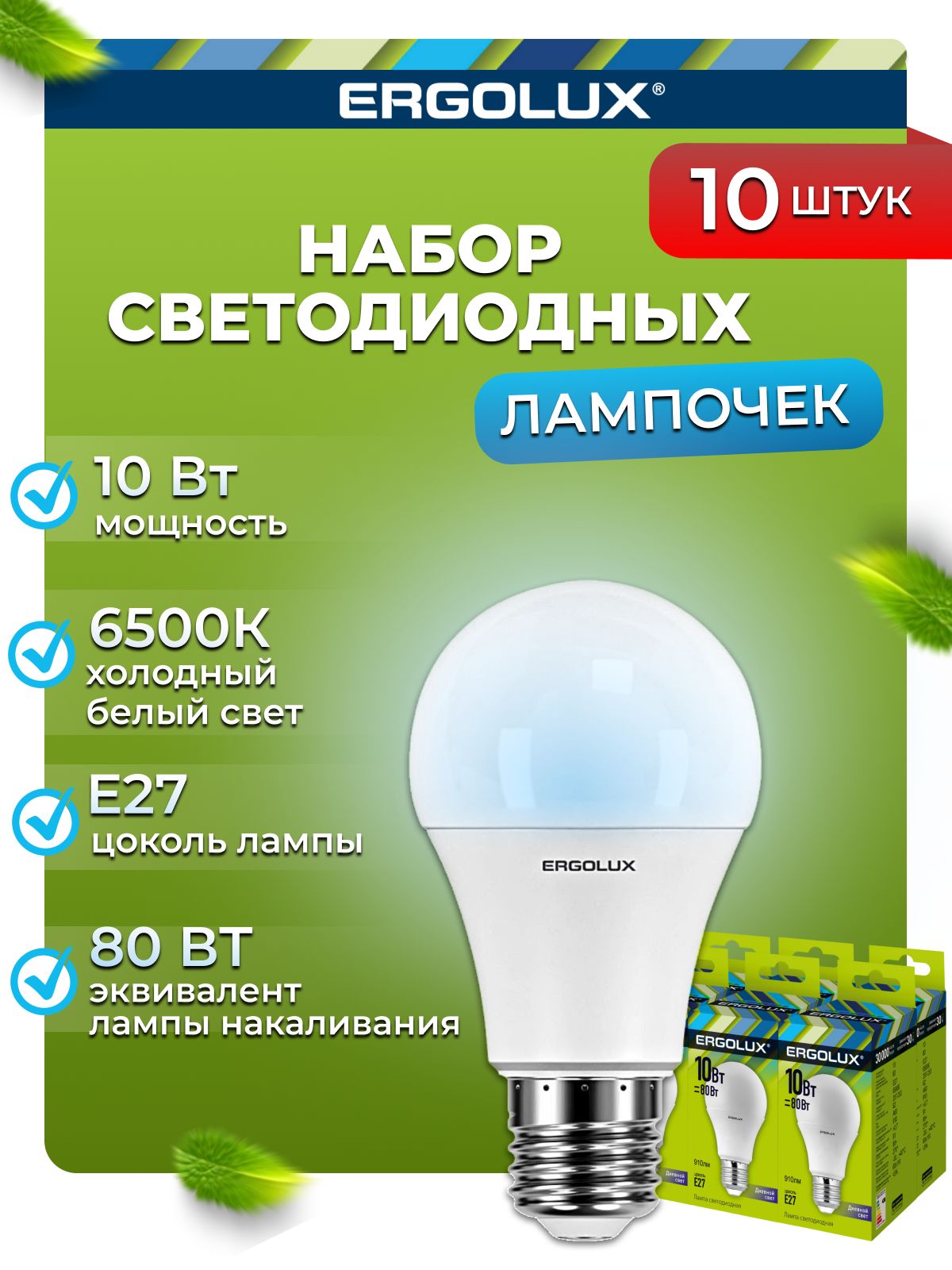 Набор из 10 светодиодных лампочек Ergolux LED 10W 6500K E27 10-12879 Ergolux