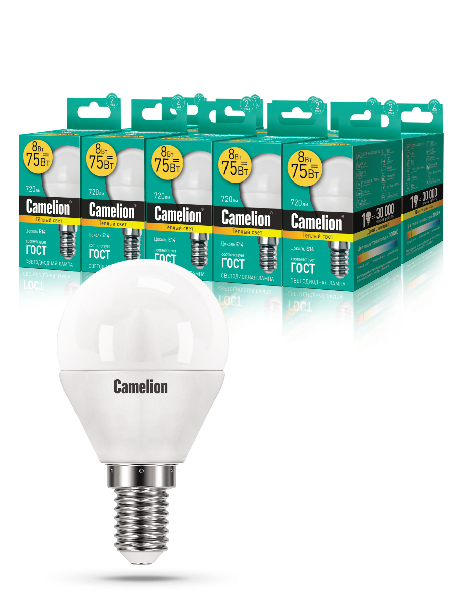 

Набор из 10 светодиодных лампочек Camelion LED 8W 3000K E14 10-12391 Camelion, LED/C/G45/8W/10