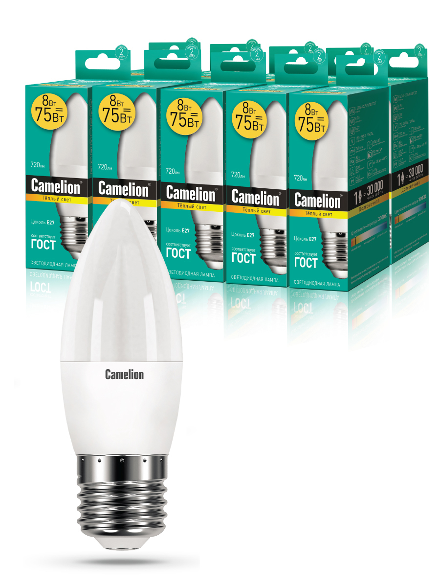 

Набор из 10 светодиодных лампочек Camelion LED 8W 3000K E27 10-12389 Camelion, LED/C/C35/8W/10