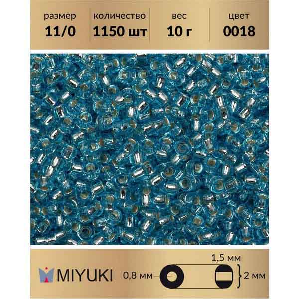 

Бисер MIYUKI Япония размер 11/0 цвет Внутреннее серебрение аквамарин (0018) 10 г, Голубой, Miyuki-11