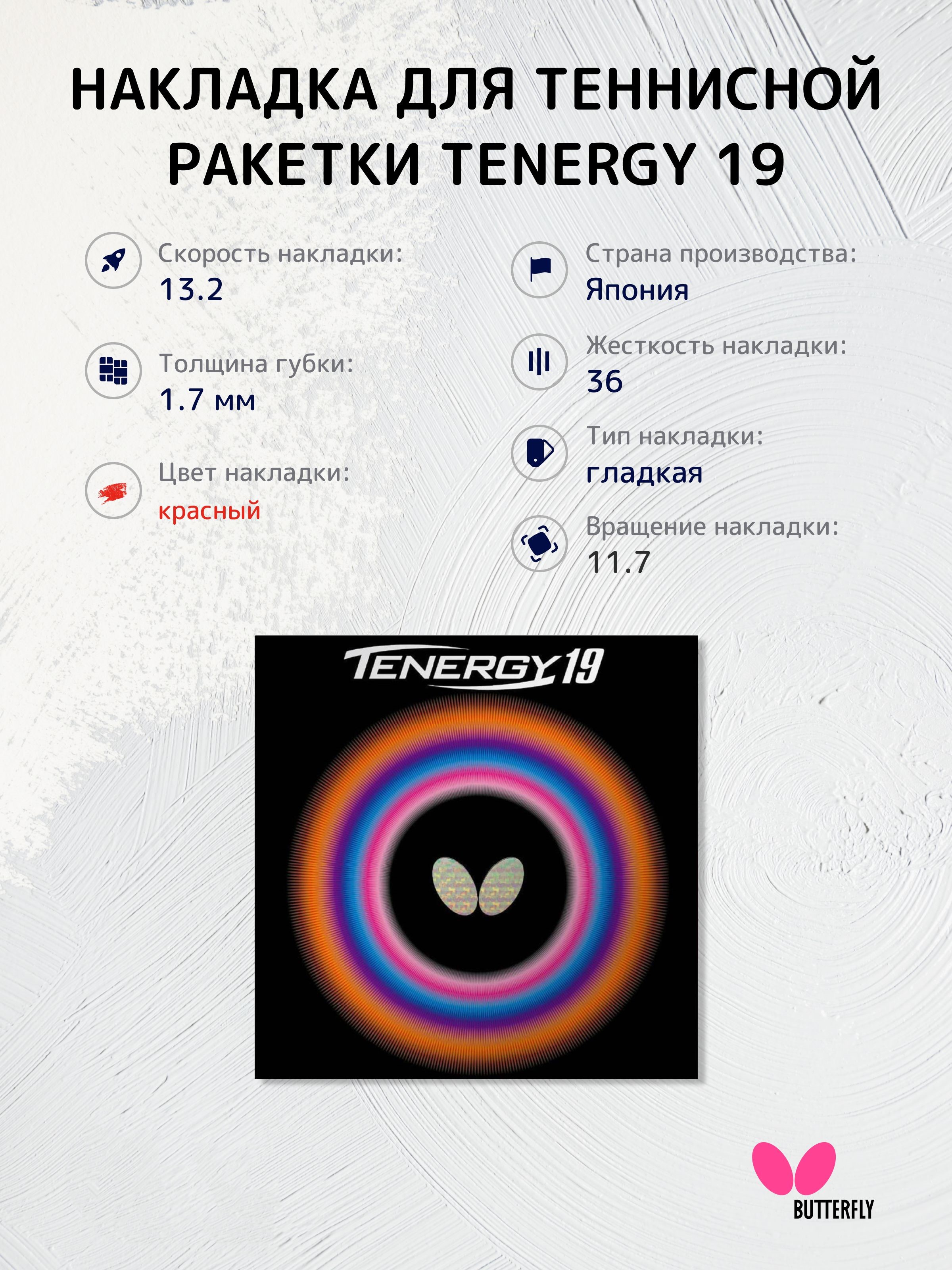 

Накладка на ракетку для настольного тенниса Butterfly Tenergy 19 (1.7 красный), Накладка на ракетку для настольного тенниса Tenergy 19