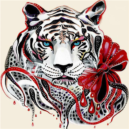 фото Алмазная мозаика стразами ripoma тигр с красным бантом 00114134 30х30 см