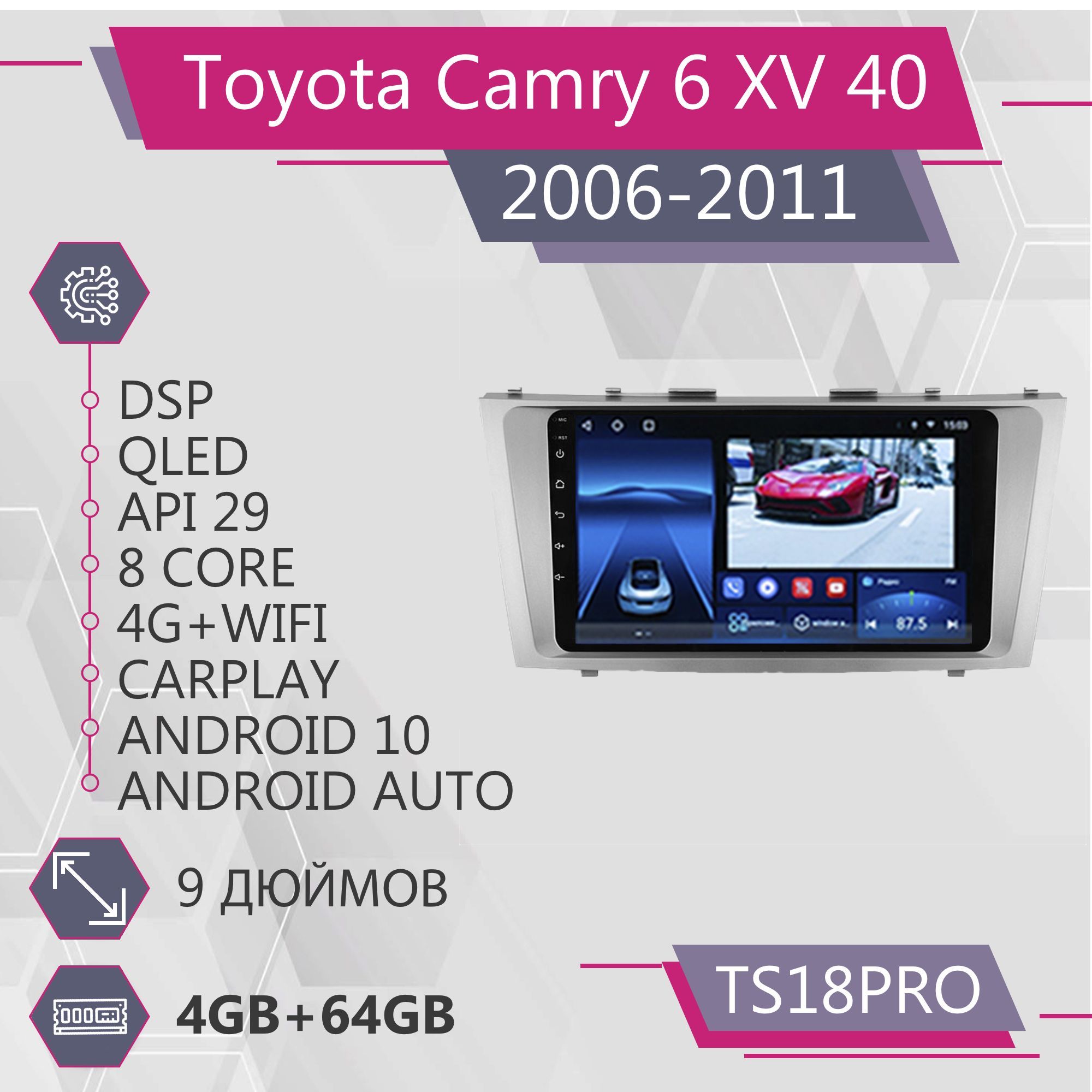 Штатная магнитола TS18Pro 464GB для автомобиля Toyota Camry 6 XV 40 Тойота Камри 6 ХВ 40 22000₽