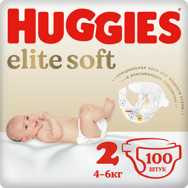 Подгузники Huggies Элит Софт 2, 4-6 кг, 100 шт. 9400133
