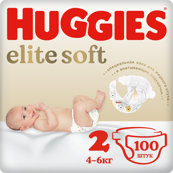 фото Подгузники huggies элит софт 2, 4-6 кг, 100 шт. 9400133