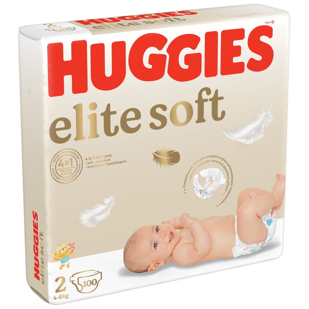 Подгузники Huggies Elite Soft для новорожденных 4-6 кг 2 размер 100 шт 1549₽