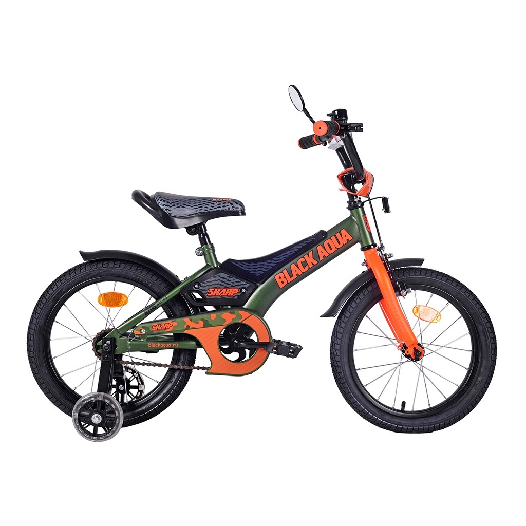 фото Велосипед black aqua ba sharp 16, колеса светятся, 1s, хаки-оранжевый