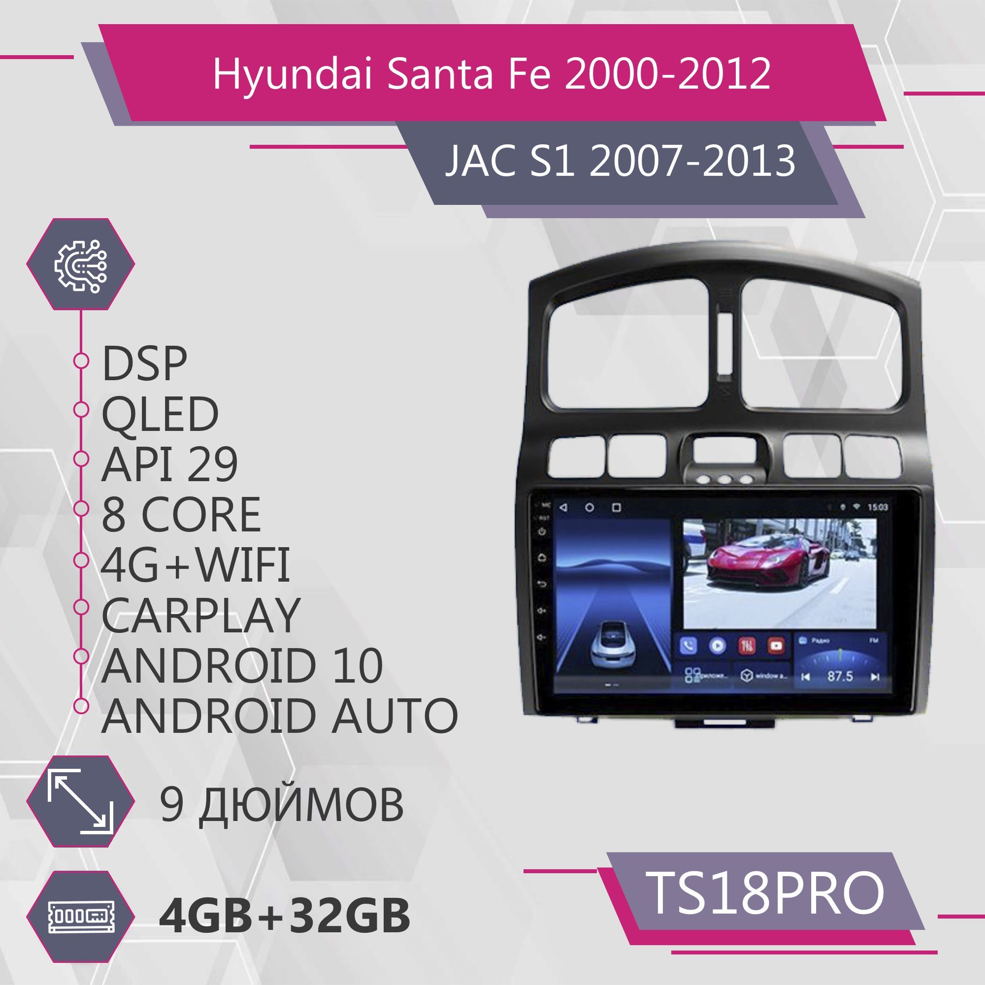 

Штатная автомагнитола TS18Pro/ 4+32GB/для Hyundai Santa Fe/ JAC S1/ Хендай Санта Фе/ Джак, TS18PROHSantaFe