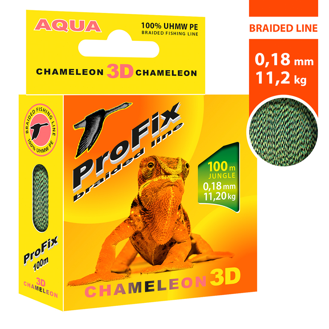 

Плетеный шнур AQUA ProFix Chameleon 3D Jungle 0,18mm 100m, цвет - Jungle, test - 11,20kg, Зеленый, ProFix 3D