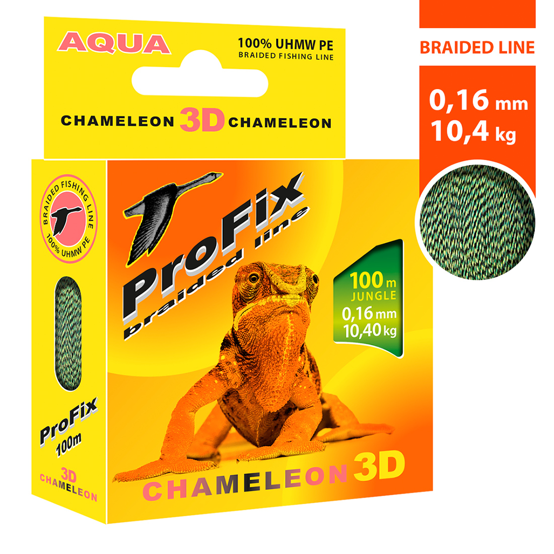 Плетеный шнур AQUA ProFix Chameleon 3D Jungle 0,16mm 100m, цвет - Jungle, test - 10,40kg