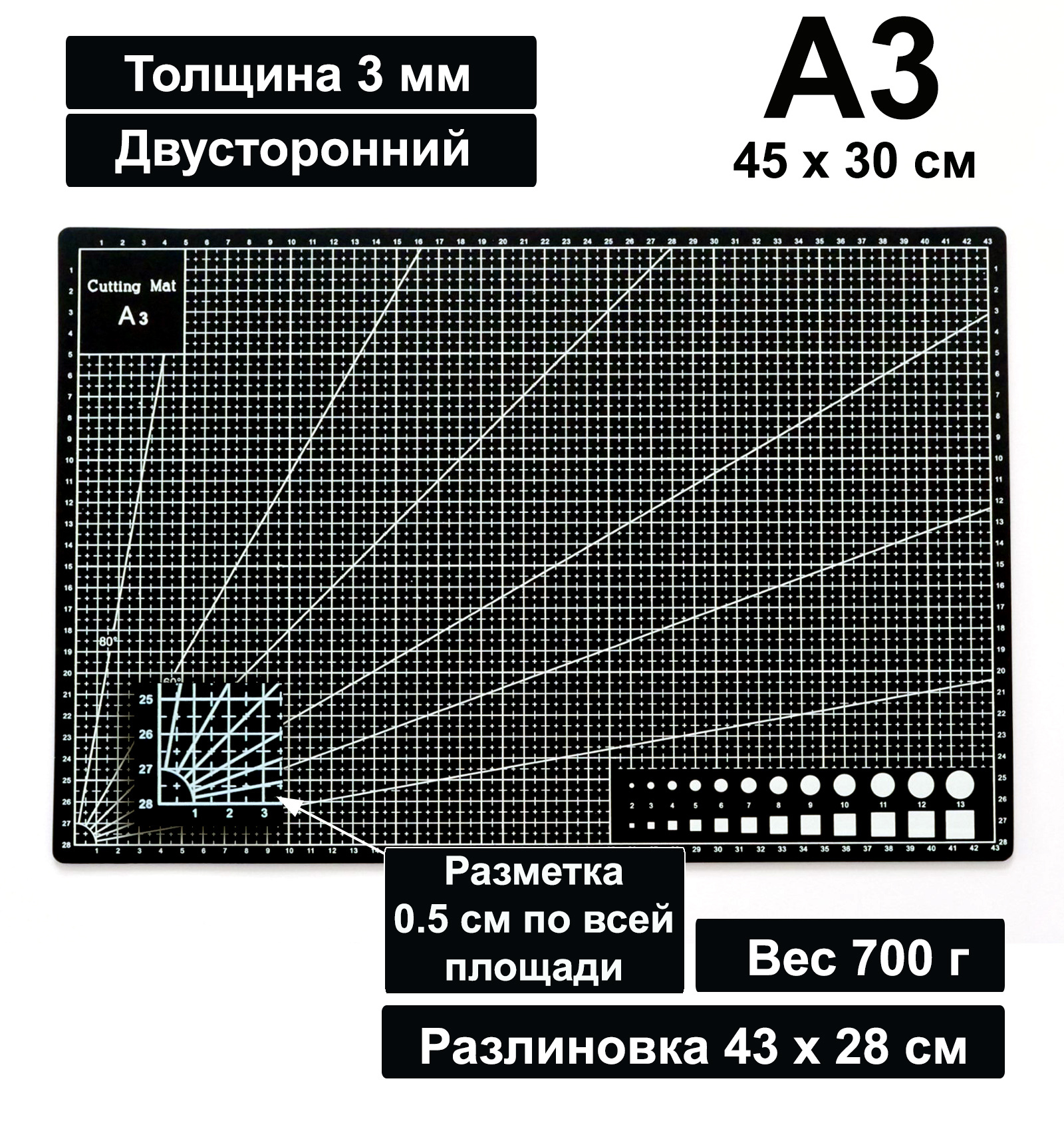 Коврик для резки двусторонний А3 PATCHY mata3b 450 х 300 мм черный для рукоделия 1350₽