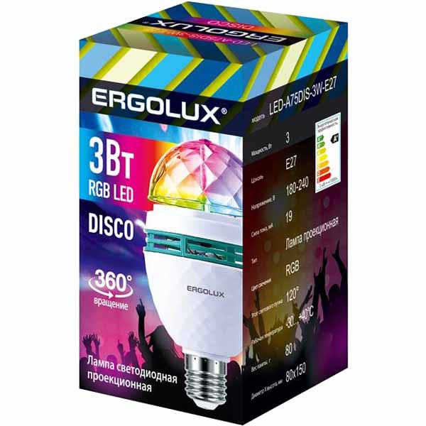 Ergolux LED-A75DIS-3W-E27 Эл.лампа светодиодная DISCO 3Вт Е27 RGB 220-240В 14541