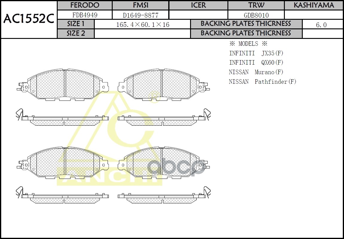 

Тормозные Колодки Anchi Ac1552c Infiniti Jx35, Qx60, Nissan Murano Z52, Pathfinder R52 Fro