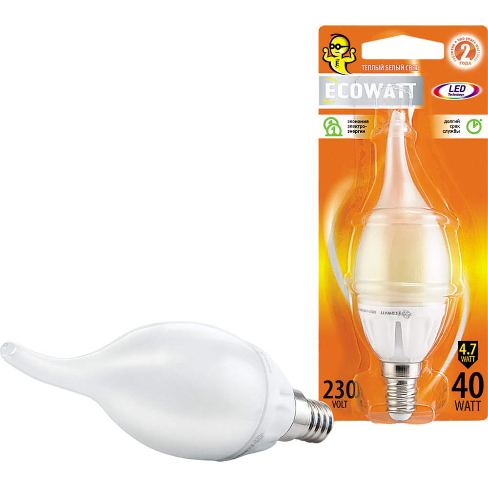 

ECOWATT Лампа св/диод. BXS35 230В 4.7W 2700K E14 свеча на ветру 4606400419310