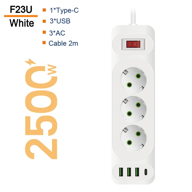 

Удлинитель сетевой фильтр с USB зарядкой, 3 розеток 3 USB +Type-C, f23u