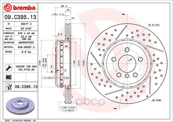 

Тормозной диск brembo задний для BMW 3 F30, 3 F34, 3 F31, 4 F33, 4 F32 d=345 мм. 09C39513