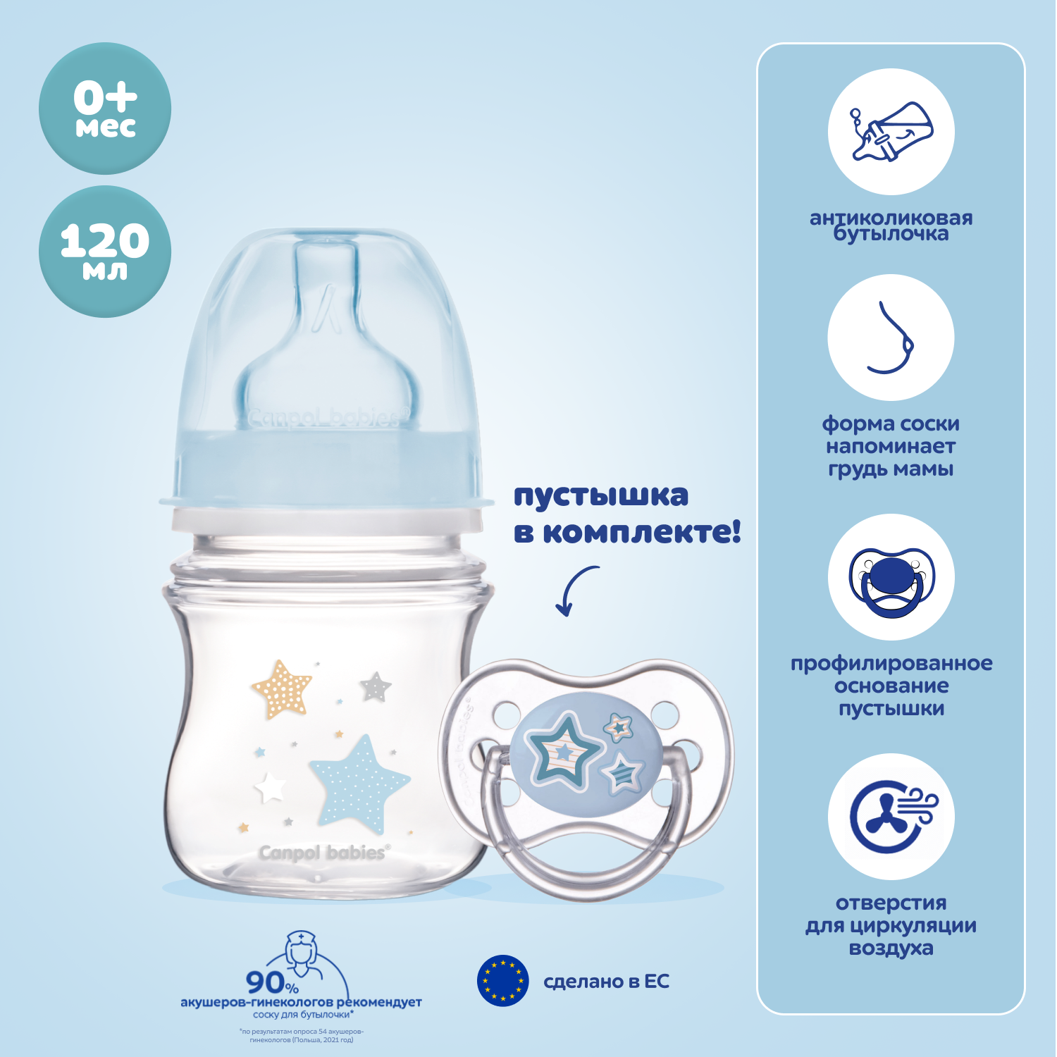 Набор CANPOL Антиколиковая бутылочка 120 мл и пустышка для новорожденных 0-6 Голубая